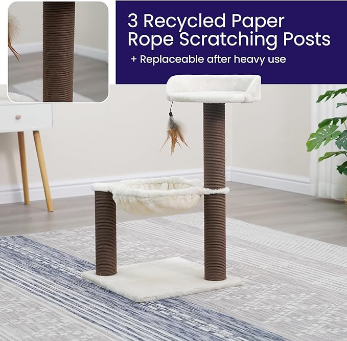 Catry Nirvana 3-Level Kitten Tree with Plush Perch, Soft Hammock, and Paper Rope Scratching Posts, Minimalist Cat Furniture for Climbing, Scratching & Resting, Ideal for Kittens & Small Cats, Beige-Mewly Pet