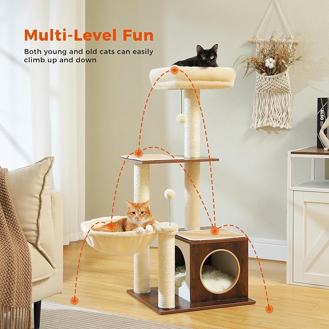 PEQULTI Modern Cat Tree for Indoor Cats,Multilevel Play House Cat Tower with Cat Condo, Scratching Post, Cozy Hammock and Plush Pompom, Brown-Mewly Pet
