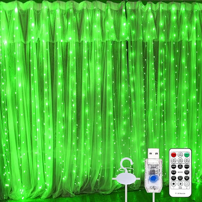 600LED Green Curtain Lights for Bedroom, 19.6ft x 9.8ft Fairy Curtain String Light with 24 Hooks, 8 Modes Hanging Lights for Wedding, Party, Backdrop, Window, Xmas Decor