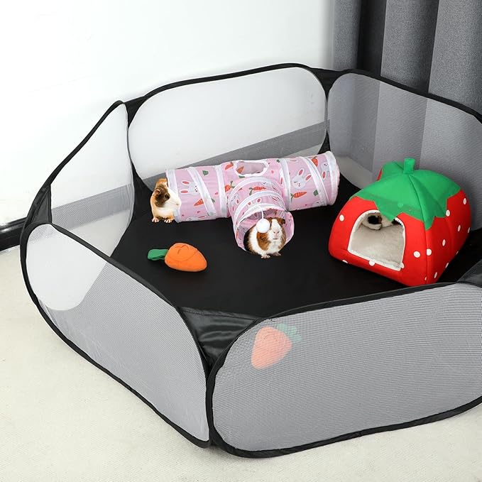 Rypet Guinea Pig Tunnel 3 Way Collapsible Small Pet Tunnels and Tubes with Interactive Ball for Baby Rabbit Ferret Hamster Chinchilla Hedgehog Hiding and Resting-Pink-Mewly Pet