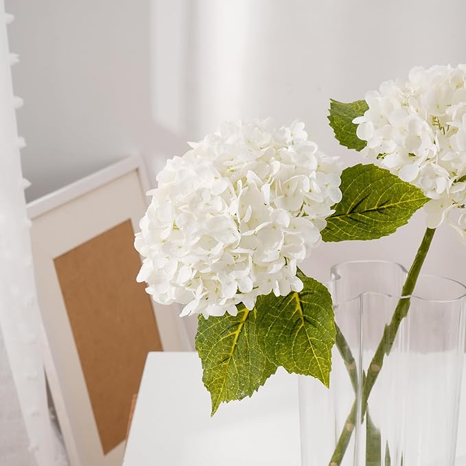 Waipfaru 21" Real Touch White Hydrangea Artificial Flowers with Long Stem & Leaves, Full Latex Faux Hydrangea Flowers for Home Party Decor Floral Arrangements Wedding Bouquets Centerpieces, 2Pcs