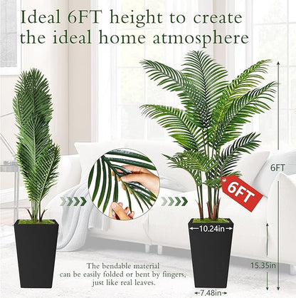 6FT Artificial Palm Tree, Tall Faux Palm Tree Indoor with Black Fake Plants Tall, Artificial Plants with Lifelike Leaves for Home Office Decor (Black)