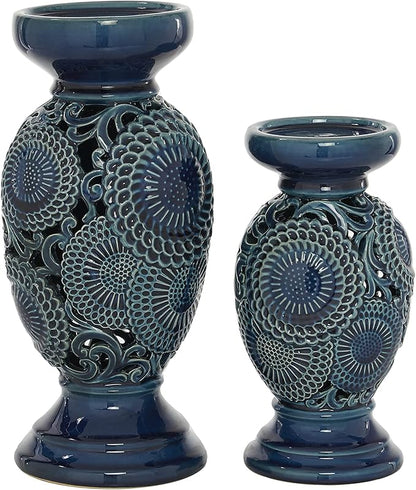 Deco 79 Ceramic Pillar Candle Holder with Cut Out Pattern, Set of 2 13", 10"H, Blue