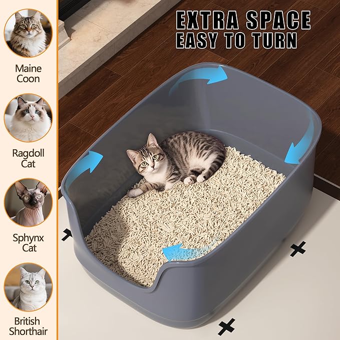 Gefryco Large Cat Litter Box with High Sided 24.6"x18.3"x12.2" - Jumbo Extra Large Open Anti - Splashing High Wall for Multiple Cats (Grey)-Mewly Pet