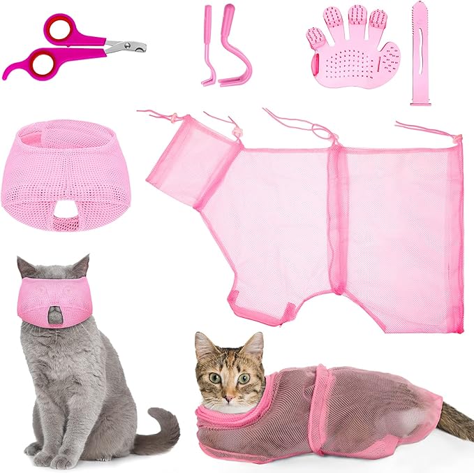 Patelai 5 Pcs Cat Bathing Bag Set Cat Grooming Bag Adjustable Pet Shower Net Muzzles Nail Clipper Tick Remover Tool Massage Brush(Pink)-Mewly Pet