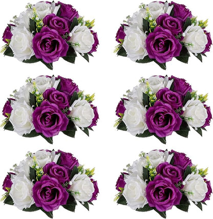 NUPTIO Pcs of 6 Fake Flower Ball Arrangement Bouquet,15 Heads Plastic Roses with Base, Suitable for Our Store's Wedding Centerpiece Flower Rack for Parties Valentine's Day Home Décor (Purple & White)