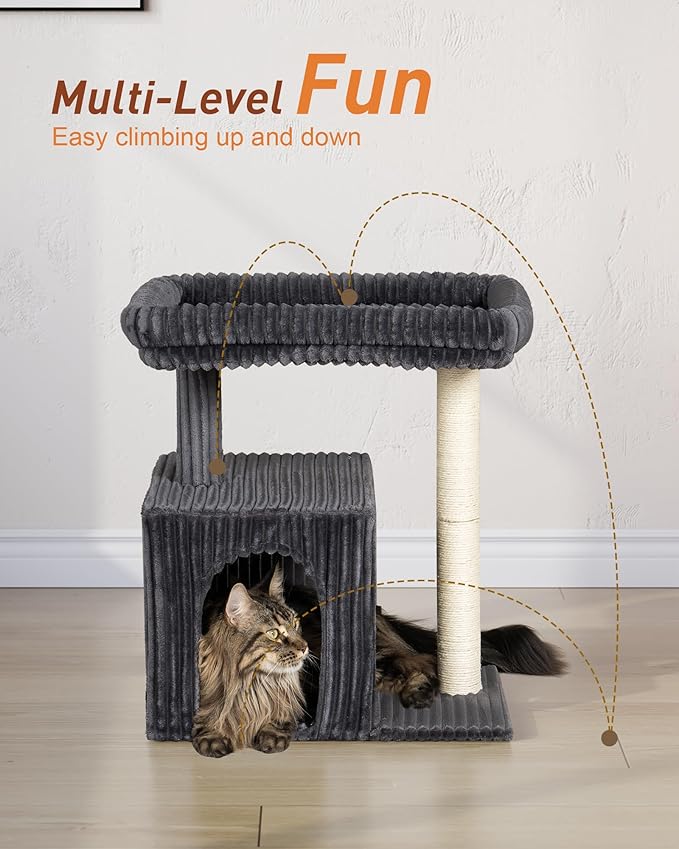 Cat Tree for Large Cat, 22.8” Cat Tower with Scratching Post, 20.9 * 15.7in Perch Bed for Adult Cats, Cat Condo with 2 Caves for Indoor Cats, Dark Gray-Mewly Pet