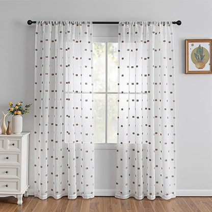 MYSKY HOME White Curtains for Bedroom 84 Inch Length Long Sheer Curtains for Living Room Nursery Curtains with Taupe Patched Design Rod Pocket Privacy Window Drapes Dining Room 52" x 84" 2 Panels
