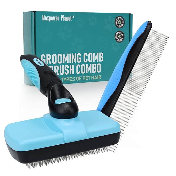 Maxpower Planet Pet Grooming Brush - Double Sided Shedding and Dematting Undercoat Rake Comb for Dogs and Cats,Extra Wide (C2 - Brush & Comb, Large)-Mewly Pet