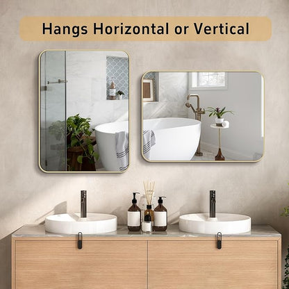 24"x36" Brushed French Gold Metal Framed Rounded Rectangle Mirror, Gold Wall Mounted Mirrors for Bathroom Entryway Vanity Living Room Bedroom, Vertical or Horizontal