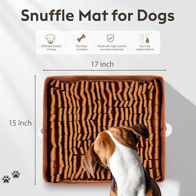 Snuffle Mat for Dogs, Dog Puzzle Mat, Interactive Dog Toys for Enrichment,Sniff Mats with Non-Slip Backing,Suitable for Breeds and Sizes of Dogs (Brown, 17" X 15")-Mewly Pet