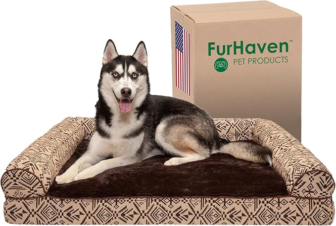 Furhaven Orthopedic Dog Bed for Large Dogs w/ Removable Bolsters & Washable Cover, For Dogs Up to 95 lbs - Plush & Southwest Kilim Woven Decor Sofa - Desert Brown, Jumbo/XL-Mewly Pet