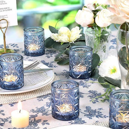 12 Pack Blue Votive Candle Holders, Vintage Blue Candle Holders, Tealight Candle Holder for Wedding Table Centerpieces, Bridal Shower, Home Decor, Birthday, Party Table Decor