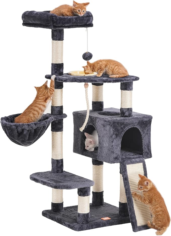 Heybly Cat Tree, Cat Tower for Indoor Cats with Scratching Board, Multi-Level Cat Furniture Condo with Feeding Bowl, Smoky Gray HCT010G-Mewly Pet