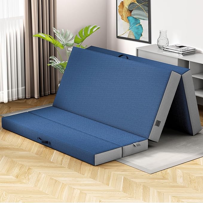 Cozzzi Foldable Mattress Queen Size for Floor and Traveling with Removable Cover - Lightweight and Portable Folding Mattress for Adults & Kids - Compact and Easy to Storage - Navy (75in x 58in x 4in)
