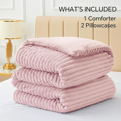 BEDELITE Fleece King Comforter Set -Super Soft & Warm Fluffy Pink Bedding, Luxury Fuzzy Heavy Bed Set for Winter with 2 Pillow Cases