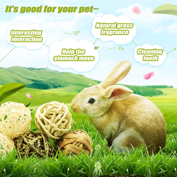 8 Pcs Small Animals Play Balls Rolling Activity Chew Toys Gnawing Treats for Rabbits Guinea Pigs Chinchilla Bunny Natural Balls, Pet Cage Entertainment Accessories (8Pcs)-Mewly Pet