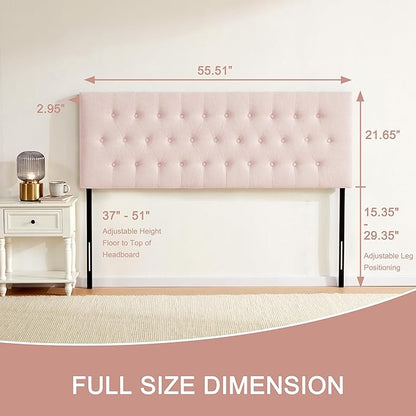 Tufted Upholstered Headboard Full Size, Solid Wood Head Board with Durable Metal Legs, Adjustable Height Bed headboard from 37” to 51” Fabric Headboard in Modern Button Design, Pink