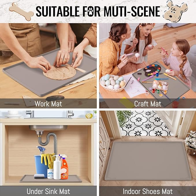 MateeyLife Dog & Cat Food Water Mat for Floors Waterproof, Nonslip Pets Bowl Feeding Mats with Raised Edges, Silicone Matt Tray for Messy Drinkers, 24"x16", Taupe-Mewly Pet