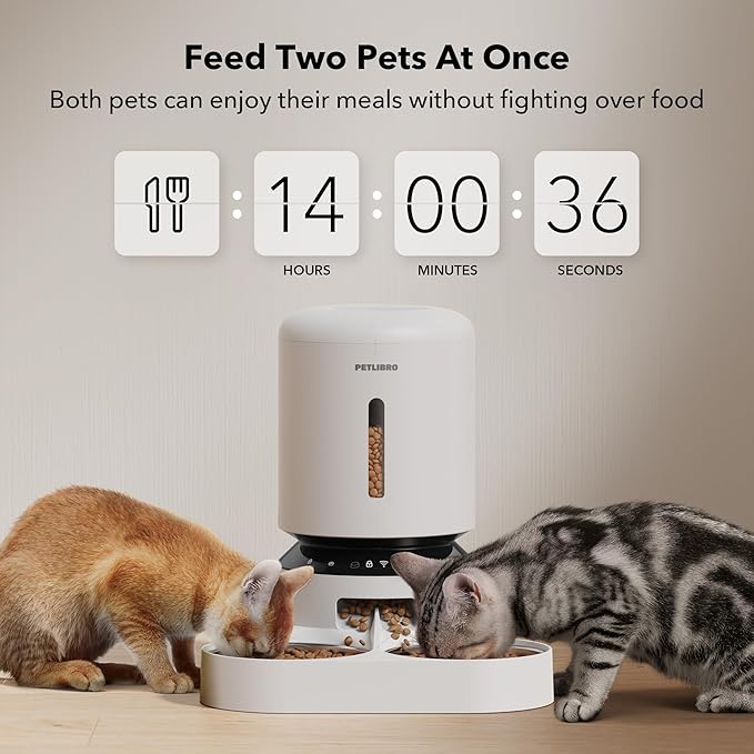 PETLIBRO 5L Automatic Cat Feeder for 2 Cats, 5G&2.4G Wi-Fi Programmable Cat Food Dispenser with Dual Stainless Steel Bowls, Airtight Lock Fresh Technology, Low Food Sensor-Mewly Pet