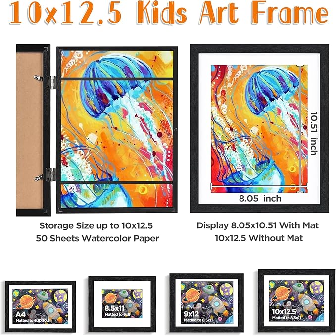 KINLINK 10x12.5 Kids Art Frames Set of 2, Solid Wood Kid Artwork Frames Changeable with Acrylic Front Opening Holds 150 Pictures with Mat or without Mat, Black