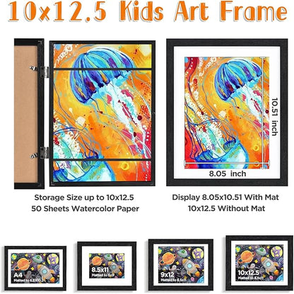 KINLINK 10x12.5 Kids Art Frames Set of 2, Solid Wood Kid Artwork Frames Changeable with Acrylic Front Opening Holds 150 Pictures with Mat or without Mat, Black