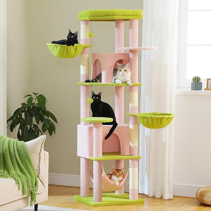 71.2" Large Cat Tree for Multi-Cat Households - Heavy-Duty 9-Level Cat Tower w/5 Sisal Scratching Posts, 2 Condos, 3 Hammocks, Extra-Large Perch & Pompoms - Space-Saving, Pink-Mewly Pet