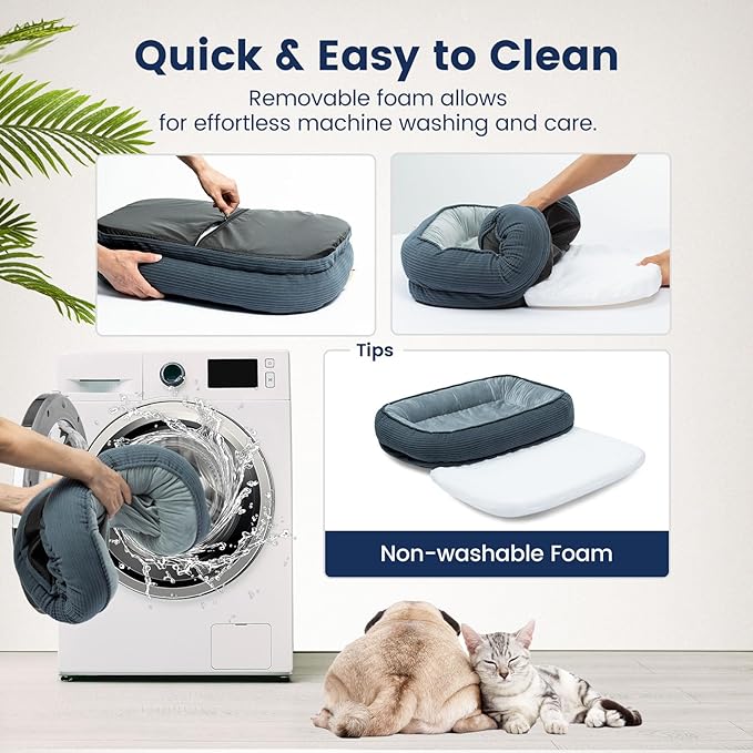 Orthopedic Cat Beds for Indoor Cats, Egg-Crate Memory Foam Pet Sofa with Bolster Sides, Oval Crate Bed, Washable Removable Cover & Non-Slip Bottom, Haze Blue-Mewly Pet