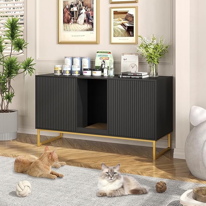 Litter Box Enclosure for 2 Cats, Fluted Hidden Cat Litter Box Furniture with Scratch Pad and Metal Legs, Modern Double Room Kitty House for Living Room, Washroom, 47.2”L x 17.7”W x 25.9”H, Black-Mewly Pet