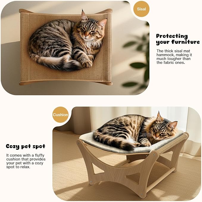 Cat Hammock Bed, Wooden Elevated Cat Beds with Natural Sisal Scratching Mat, Cats Scratcher Bed with Removable Soft Cushion, Cats Scratching Beds with Wood Frames, 22" L x 17.7" W-Mewly Pet