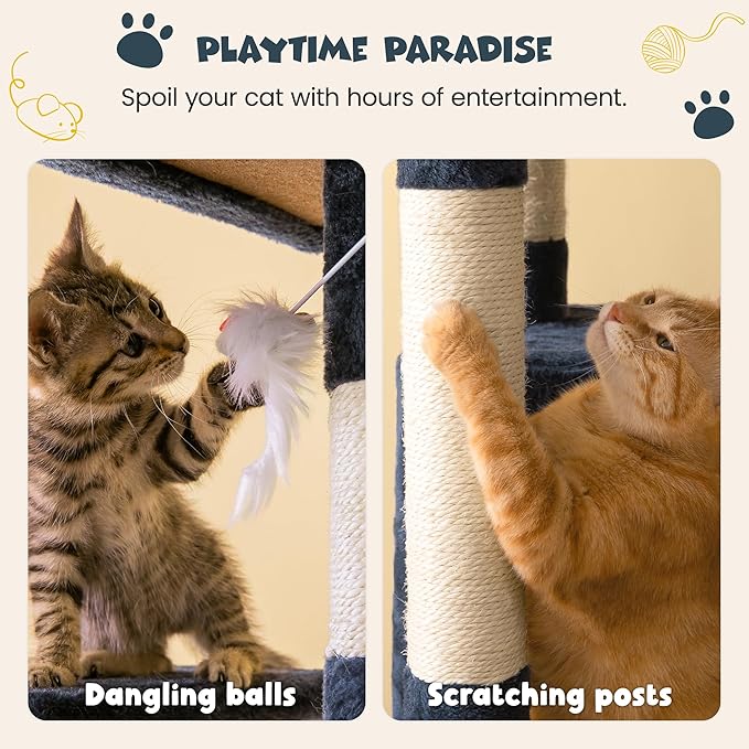 MWPO 63.8 inches Multi-Level Cat Tree for Large Cats with Sisal-Covered Scratching Posts, Padded Platform, Hammock and Condo,Stable Cat Tower Cat Condo Pet Play House-Smoky Gray-Mewly Pet