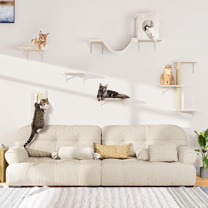 NUNU LAB Wall Mounted Cat Furniture, 6 Pcs Cat Wall Shelves with Condo House, Bridge, Steps, Scratcher, Hammock, Indoor Safe & Stable Furniture for Kittens Play, Beige-Mewly Pet