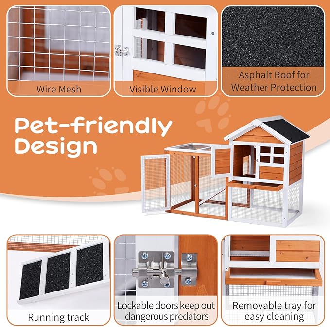 Outvita Rabbit Hutch, Small Wood Chicken Coop, 48" Guinea Pig Cage w/Pull-Out Tray, Waterproof Asphalt Roof, Chicken Run, Interactive Door for Small Animal Pen Outdoor-Mewly Pet