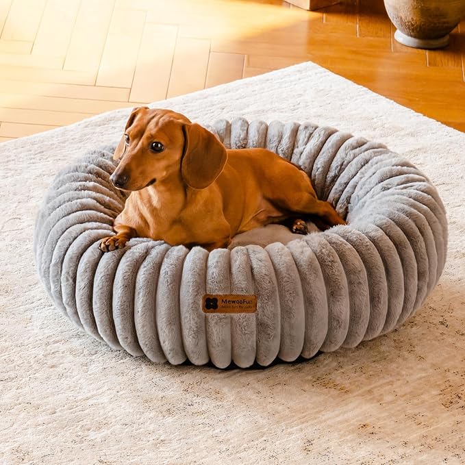 MEWOOFUN Donut Dog Beds for Small Dog, Calming Bed Round Cute Puppy Bed with Non-Slip Bottom, Fluffy Washable Pet Bed for Puppy and Kitten (Grey, S (25x25x7))-Mewly Pet