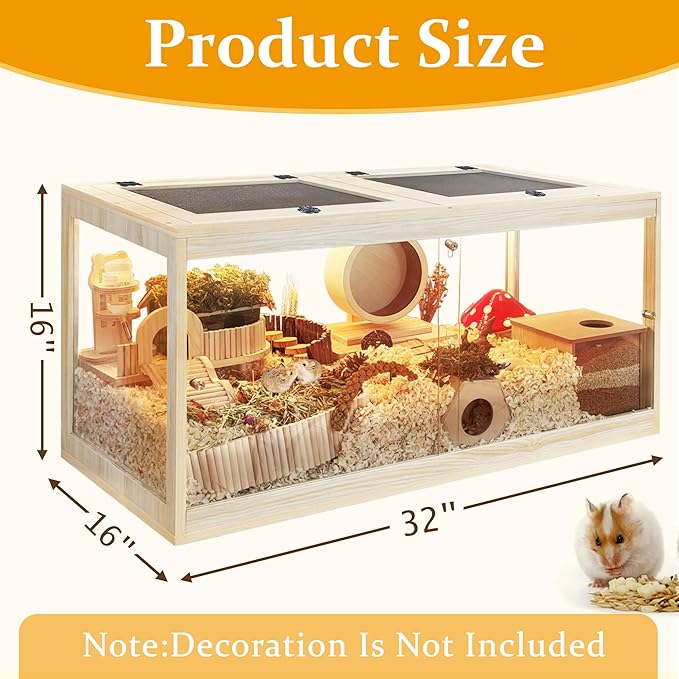 Prolee Hamster Habitat Chewproof,Wooden Hamster Cage with Openable Metal Mesh Top,Gerbil Cage with Lock Design for Hamster House (32"x16"x16")-Mewly Pet