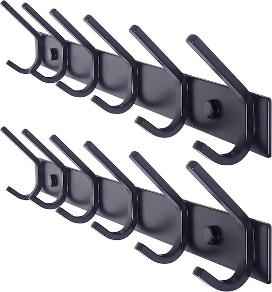 WEBI Coat Rack Wall Mounted,17-1/8 Inch Coat Hooks for Hanging Coats,Heavy Duty Metal Hook Rack Rail with 6 Double Dual Hooks Coat Hanger Wall Mount for Clothes Jacket,Black,2 Packs