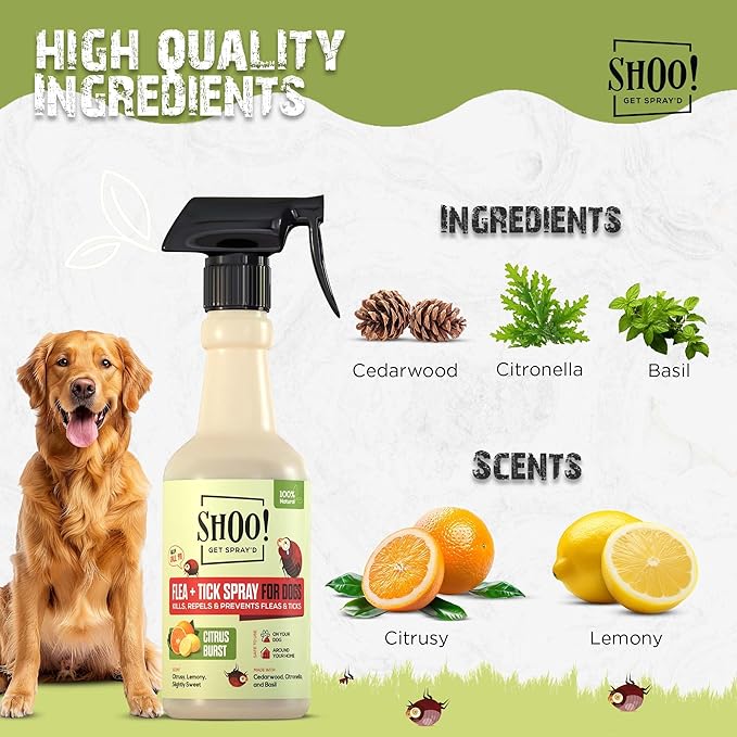 Shoo! Flea & Tick Spray for Dogs and Home | Plant Based, Natural Oils, Chemical Free Formula | Kills, Repels, Prevents | 16 oz (Citrus Burst)-Mewly Pet