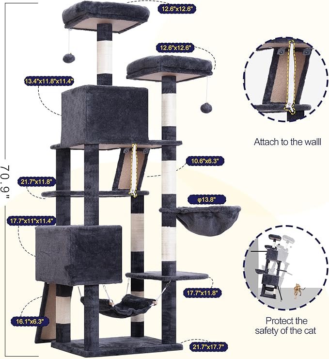 Cat Tree for Indoor Cats, 71'' (180cm) Multi-Level Cat Tower for Large Adult, Sturdy Cat Tree House with 2 Scratching Boards 7 Posts, 2 Plush Perches/Condos, Hammock, Smoky Gray GCT032G-Mewly Pet