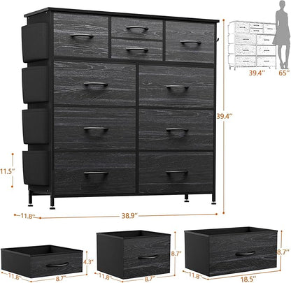 Dresser for Bedroom with 10 Drawers, Chest of Drawers with Side Pockets, Hooks, Wooden Top and Sturdy Metal Frame, Fabric Dresser Drawers for Living Room, Hallway (Black Wood Veins)