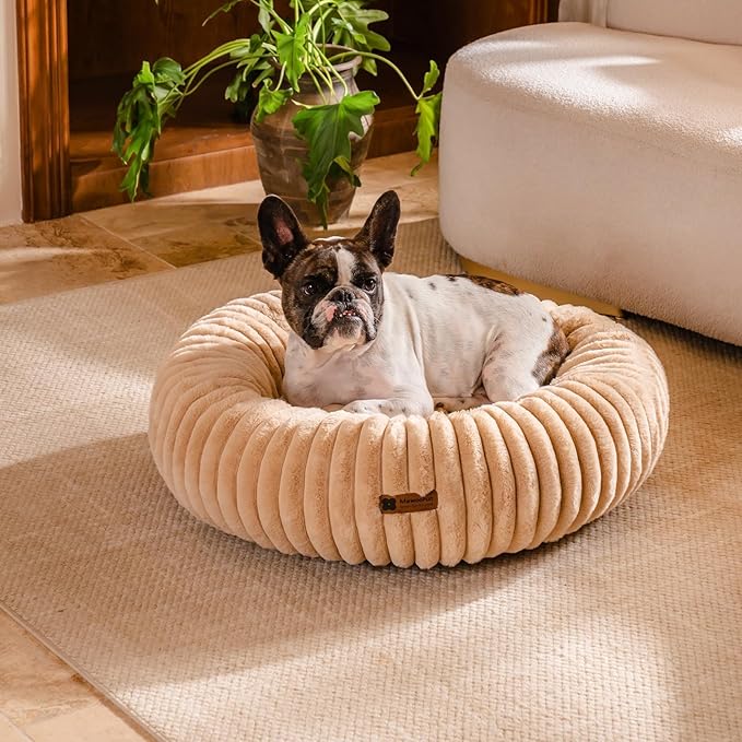 MEWOOFUN Donut Dog Beds for Small Dog, Calming Bed Round Cute Puppy Bed with Non-Slip Bottom, Fluffy Washable Pet Bed for Puppy and Kitten (Light Brown, S (25x25x7))-Mewly Pet