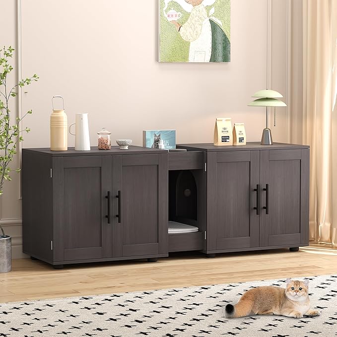 Gaomon Litter Box Enclosure with Double Room,Cat Hidden Litter Box Enclosure Furniture for 2 Cats with Double Room, 55”L x 17.7”W x 22.5”H Cat House,Wooden Enclosed Cat Litter Box Furniture,Walnut-Mewly Pet