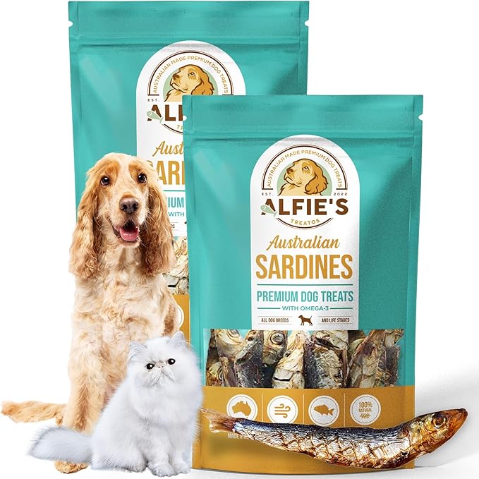 ALFIE'S TREATOS Sardines for Dogs & Cats (5.3 oz, 2x2.65 oz), Value Bundle, Air-Dried Fish Dog Treats, Omega-3 Food Topper, Single Ingredient, Australian Wild-Caught, Freeze-Dried Alternative-Mewly Pet
