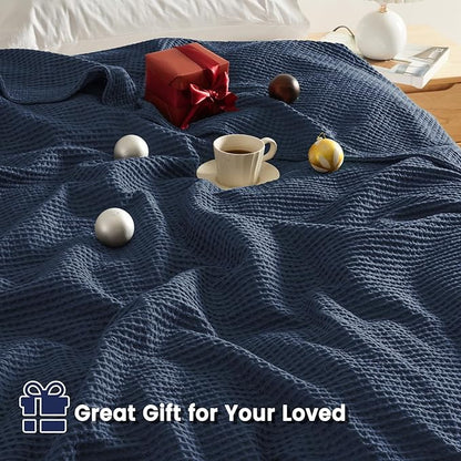 PHF Pre-Washed Cotton Waffle Weave Family Blanket,Oversized King Size 120"x 120"-Snag Proof Lightweight Breathable, 10'x 10' Huge Extra Large Big-Elegant Aesthetic Home Decoration Gift,Dark Navy