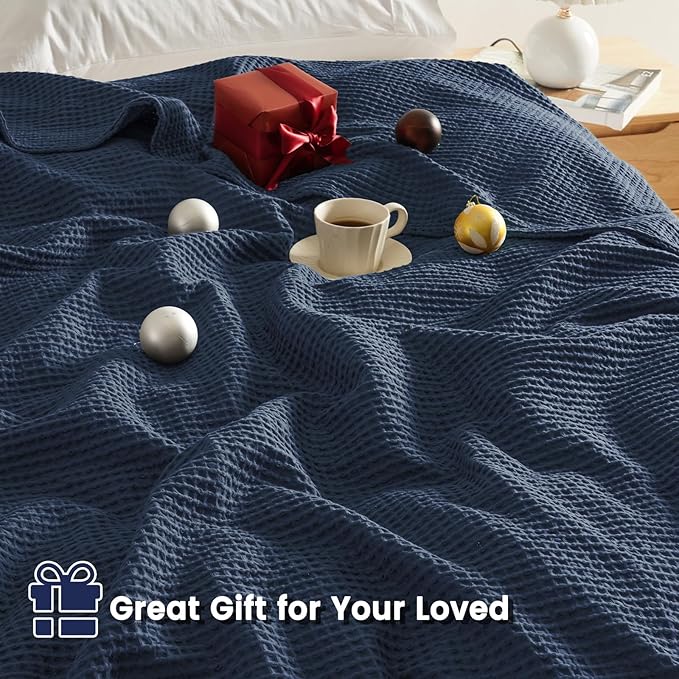 PHF Pre-Washed Cotton Waffle Weave Blanket Throw Size for Bed Couch,Snag Proof Spring Summer Lightweight Breathable,Oeko-TEX Certified,Machine Washable, Home Decor Gift，Dark Navy