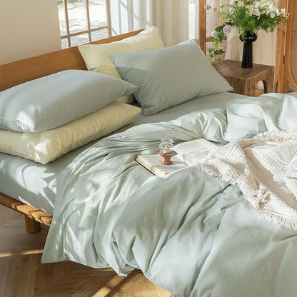 MooMee Bedding Duvet Cover Set 100% Washed Cotton Linen Like Textured Breathable Durable Soft Comfy (Heathered Sage Green, Cal King 104"x98")