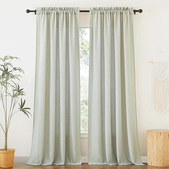 RYB HOME Green Linen Curtains 90 inches Long for Living Room Kids Room, Light Filtering Privacy Protection Home Decor 2 Panels Set for Sliding Glass Door, W 52 x L 90 inches, Sage Green