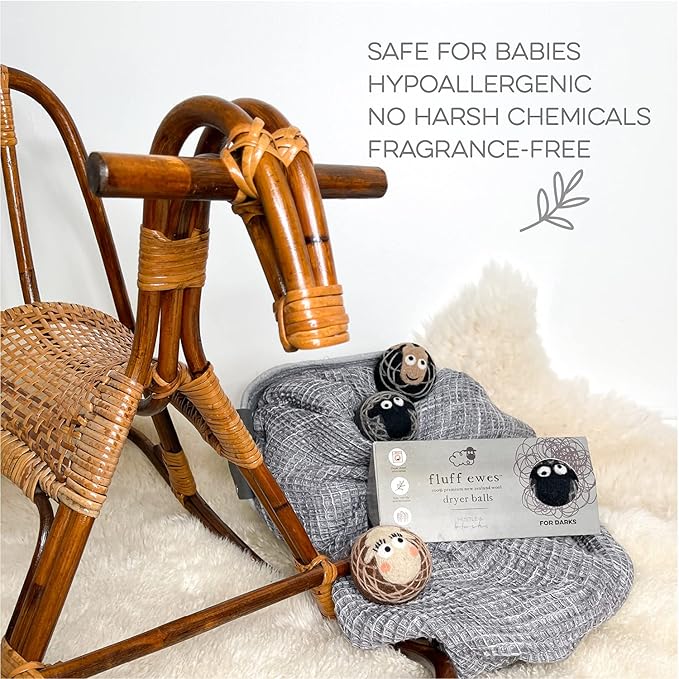 Fluff Ewes Wool Dryer Balls 3 Pack Premium New Zealand Wool Laundry Balls for Dryer, No Static Dryer Balls Laundry Reusable Cute - XL Wool Dryer Balls Cute, Baby Dryer Balls for Dryers - Darks-Mewly Pet