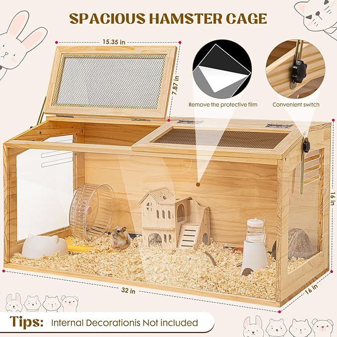 Hamster Cage 32 Inch Wooden Chewproof, 270° View Habitat with Bite-Proof Metal Mesh & Dual Access Doors, Acrylic Sheets & Solid Build for Dwarf Syrian Hamsters/Gerbils/Guinea Pigs/Chinchillas-Mewly Pet