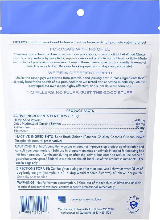 Native Pet Calming Chews for Dogs - Melatonin for Dogs Anxiety Relief - Grain Free All Natural Hemp Calming Treats & L-Theanine Helps Manage Stress & Separation Anxiety - Puppy Sleep Aid - 60 Chews-Mewly Pet