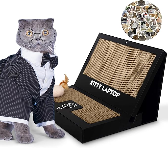 Toy Cat Laptop with 2 Scratchboards + Catnip Mouse Toy for Cats + 50pack Cat Sticker - Interactive Eco-Friendly Cat Computer with Scratch Pad Laptop for Cats - Mini Cat Laptop-Mewly Pet
